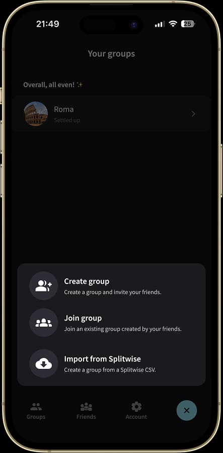 Modal showing the Import from Splitwise button