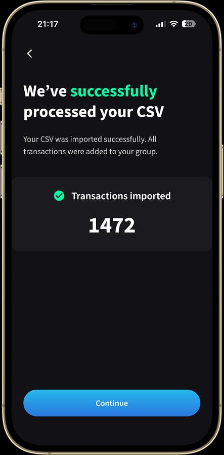 Success screen showing 1,472 transactions imported from Splitwise CSV file