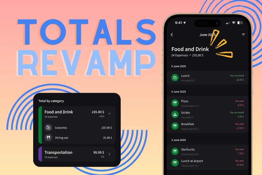 Splital's new Totals feature showing detailed spending statistics.
