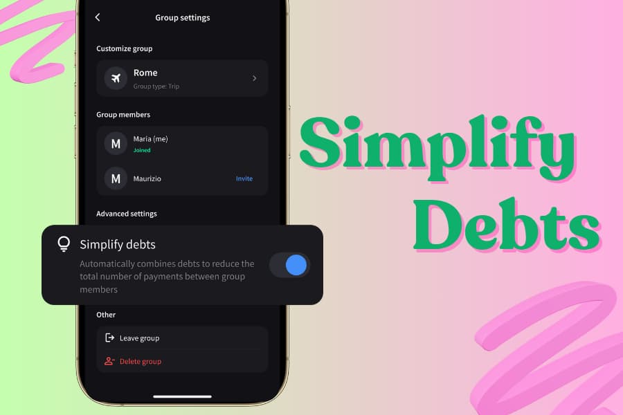 Settings screen where you can enable or disable the Simplify Debts feature.