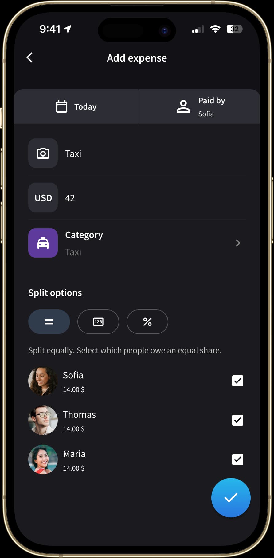 The "Add expense" screen is displayed with an entry for a taxi expense. The app offers options to split the amount equally, by share, or by percentage. Users are listed with their share of the expense, and there are checkboxes to confirm who is included in the split.