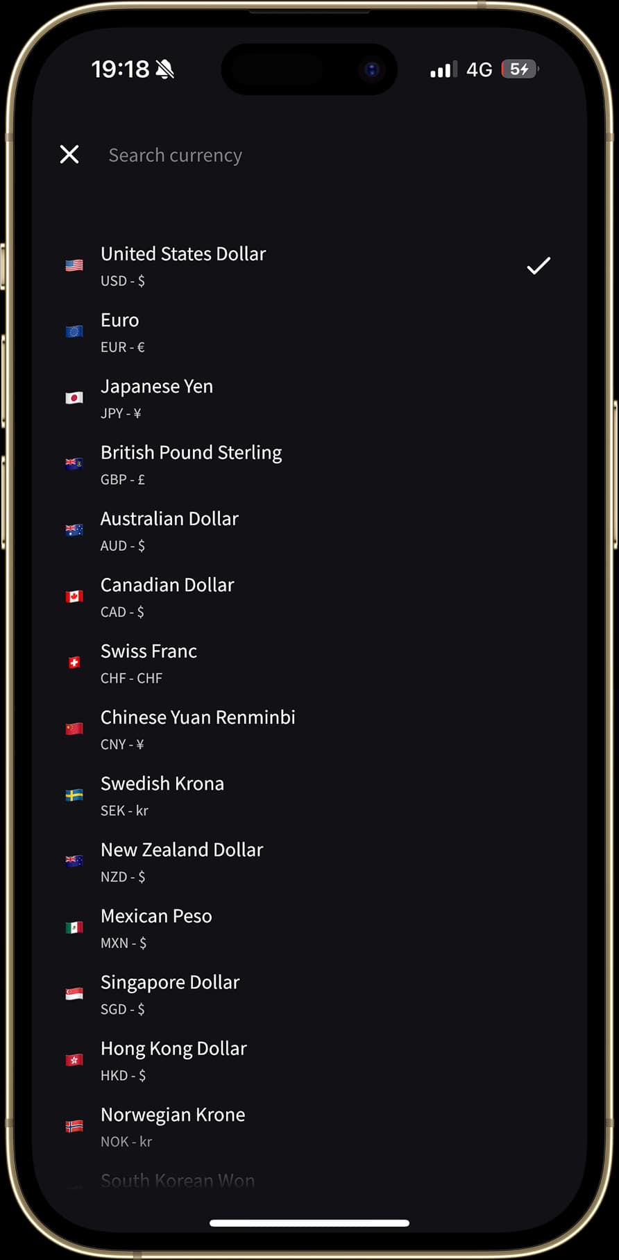 The "Currency Selection" screen is displayed, allowing users to choose from a list of over 150 currencies. Each currency is listed with its symbol and corresponding country flag.