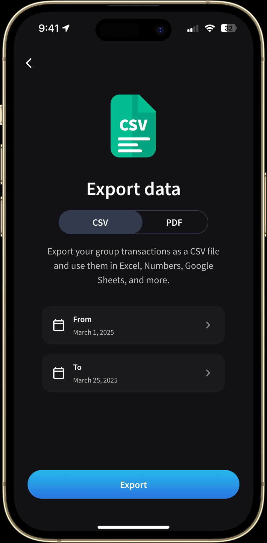 The "Data Export" screen allows users to export group expenses in CSV or PDF format. A custom date range can be selected to filter the data to export