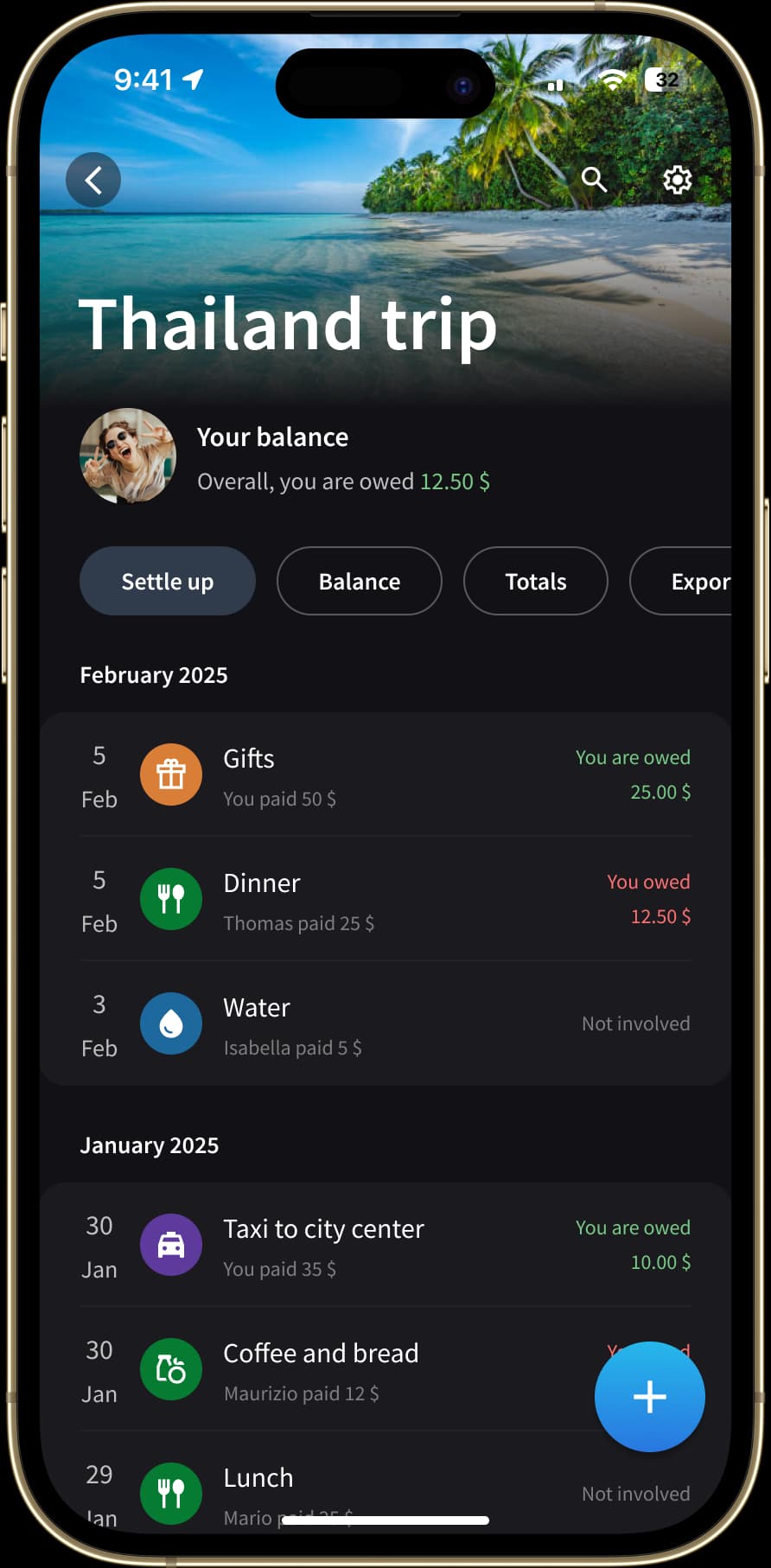 The "Group expenses" screen shows several expenses from a trip to Thailand, showing how much the user owes or is owed. There are buttons to add new expenses, settle up, check the balance, or view reports on the expenses.