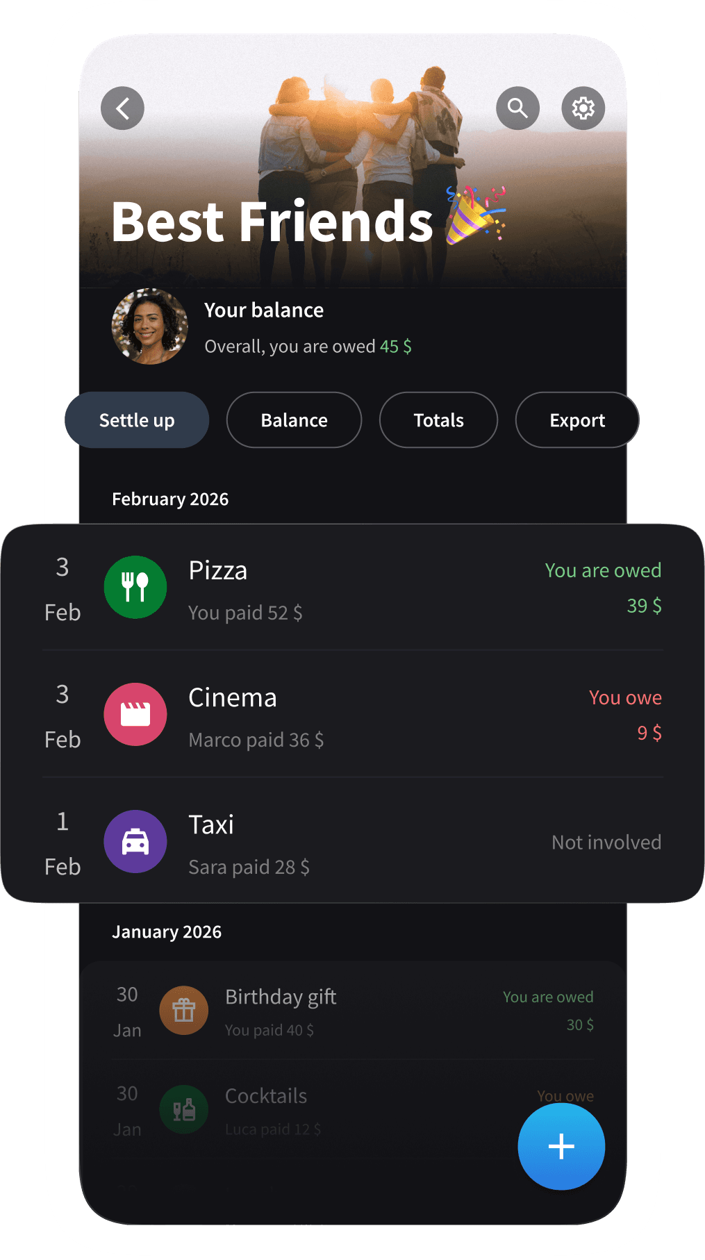 Splital app showing group expenses from a trip